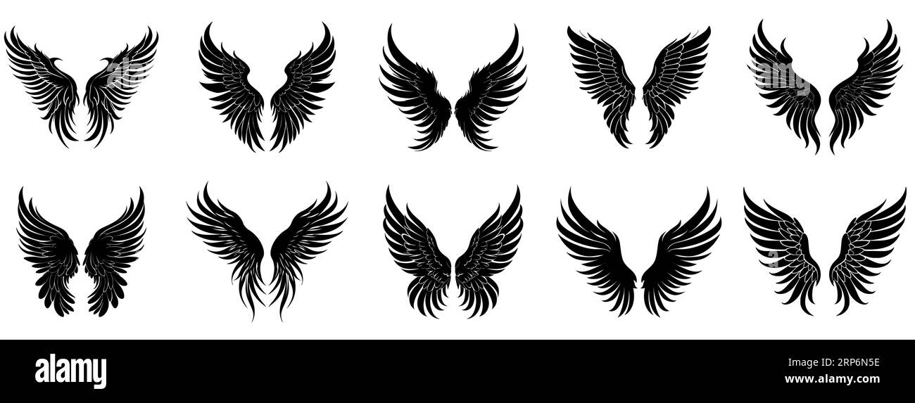 Wings icon. Set of black icons of wings on white background. Wings logo ...
