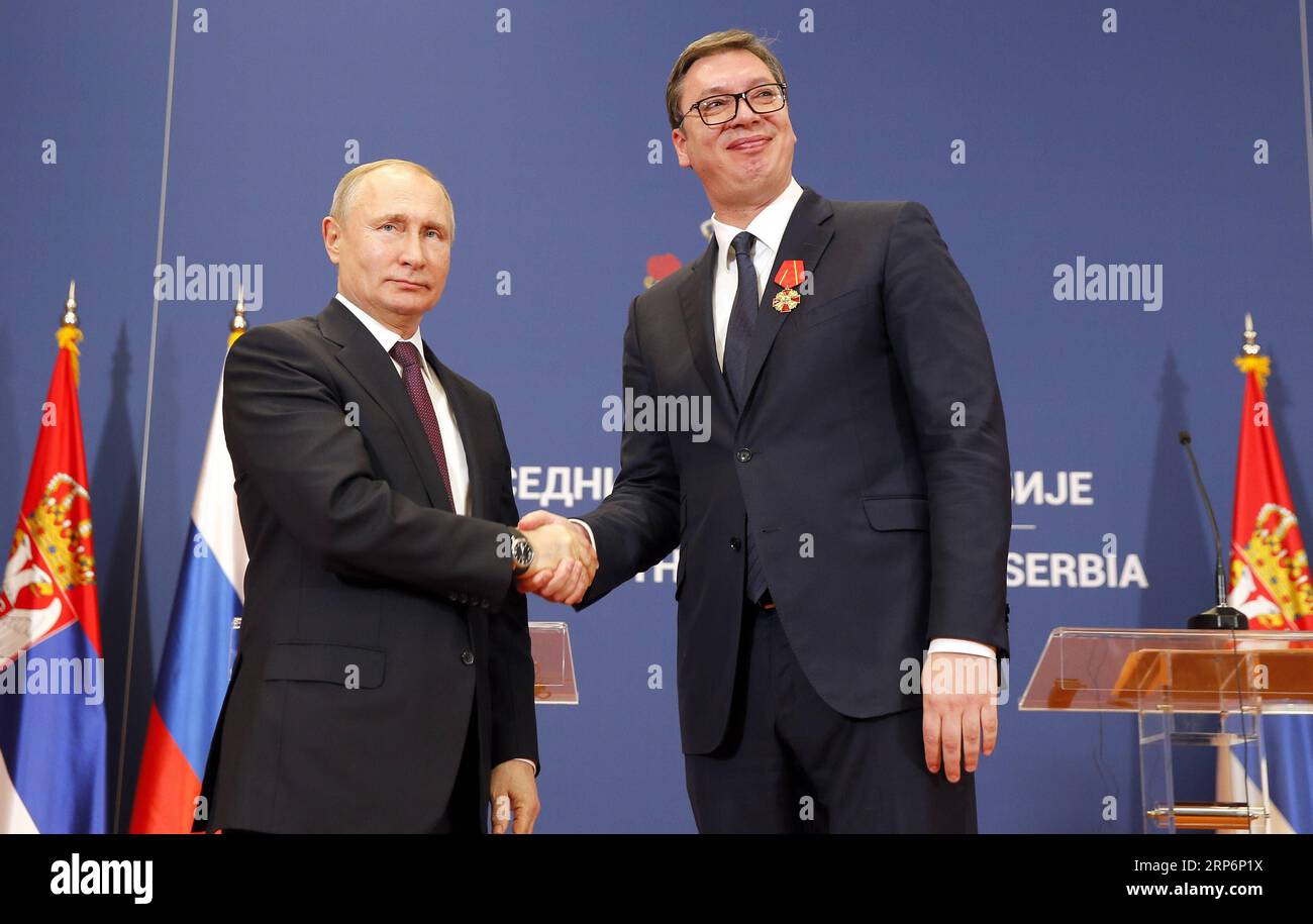 190117) -- BELGRADE, Jan. 17, 2019 -- Serbian President Aleksandar Vucic  (R) shakes hands with Russian President Vladimir Putin during their joint  press conference in Belgrade, Serbia, on Jan. 17, 2019. Strategic