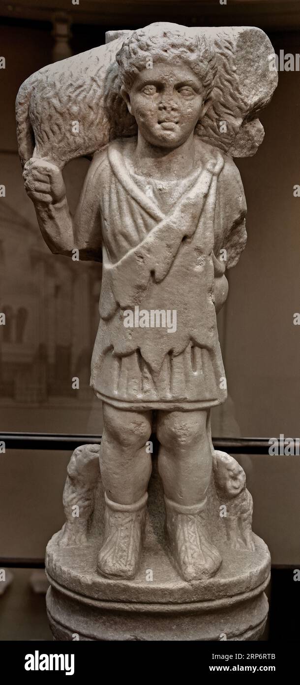 Late Roman statuette of the Good shepherd (4th century), from Corinth Athens, Museum, Greek, Greece. Stock Photo