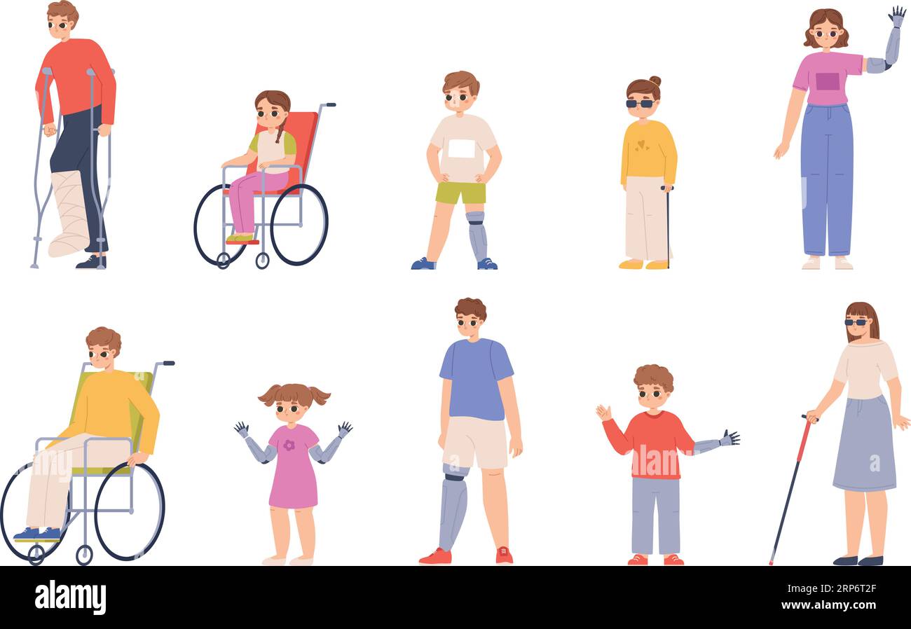 Disability, person with special needs. Diverse disabled young adults and teenagers. Inclusive work and friendly people. Snugly vector patients Stock Vector