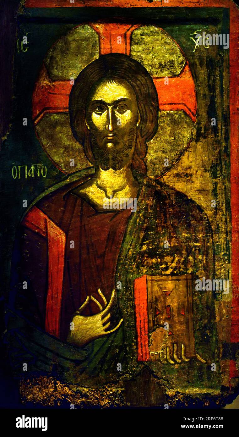 Icon with Christ Pantokrator from Prespes 15th Century  Athens Greece Byzantine Museum Orthodox Church Greek ( Icon ) Christ Pantokrator - Pandokrator, Stock Photo