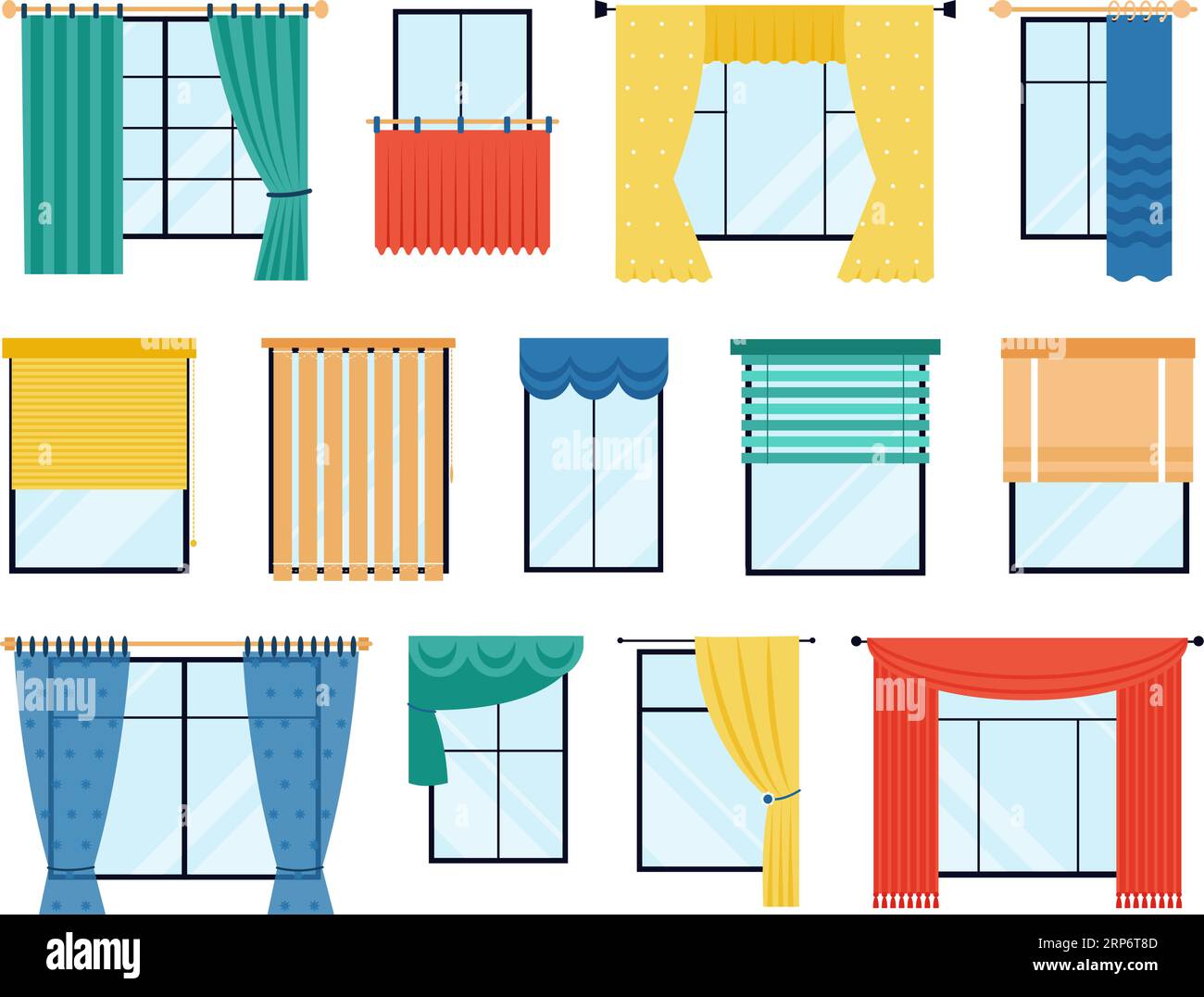 Flat curtains on windows. Color curtain, window decorations and blinds. Room decorative interior accessories, fabric design decent vector elements Stock Vector