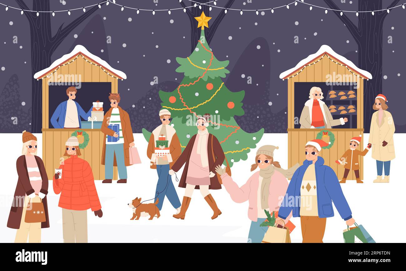 Christmas market scene, xmas stalls and people crowd. Outdoors winter