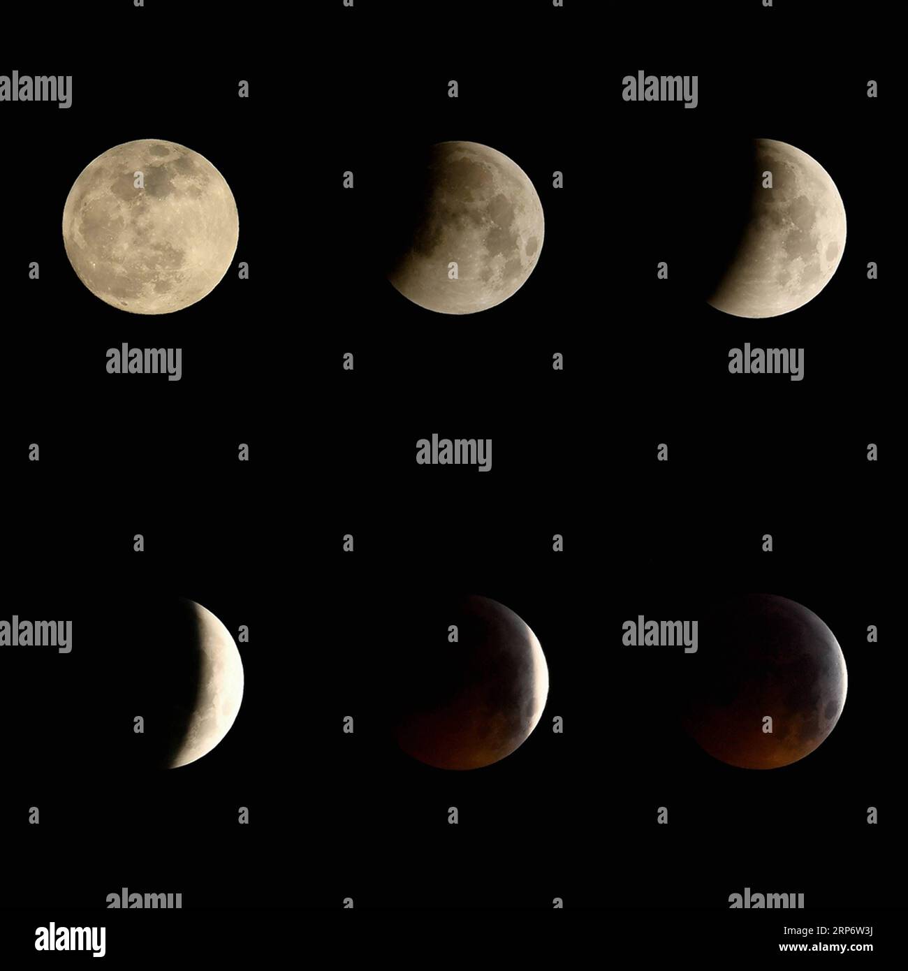 Totale Mondfinsternis (190121) -- MADRID, Jan. 21, 2019 (Xinhua) -- This combo photo shows the process of total lunar eclipse in Madrid, Spain, Jan. 21, 2019. (Xinhua/Guo Qiuda) SPAIN-MADRID-MOON-ECLIPSE PUBLICATIONxNOTxINxCHN Stock Photo