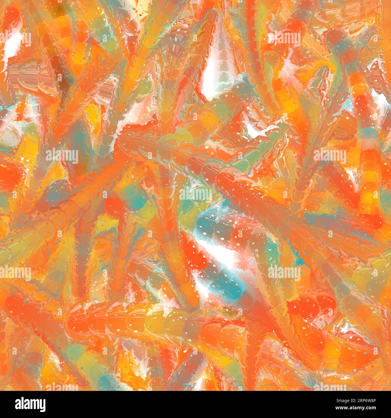 Bright long orange and blue colored liquid brush strokes with reflection. Multicellular organism imitation. Candy imitation. Seamless pattern Stock Photo