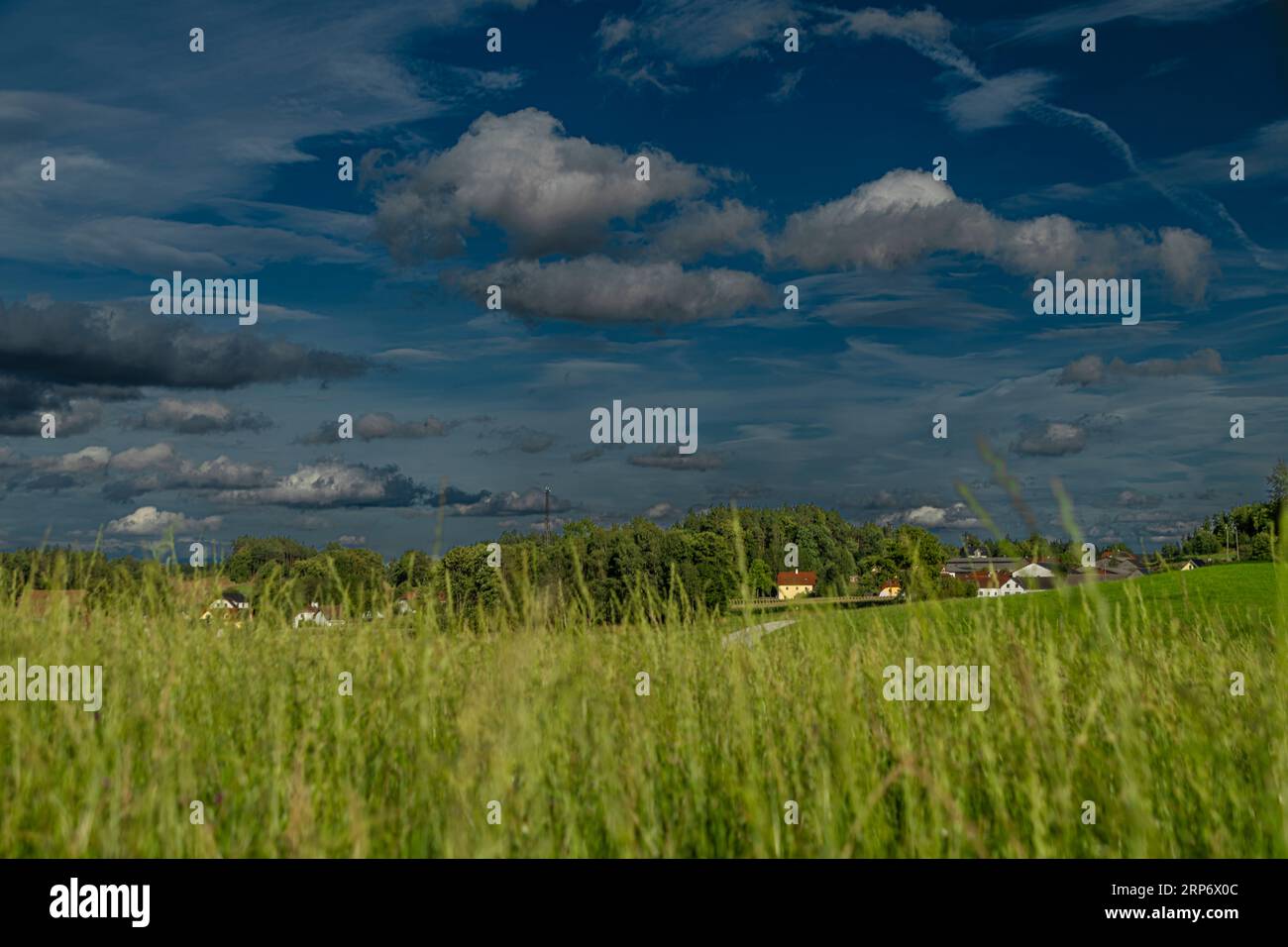 Color pasture lands and meadows in north Austria with dark stormy windy sky Stock Photo