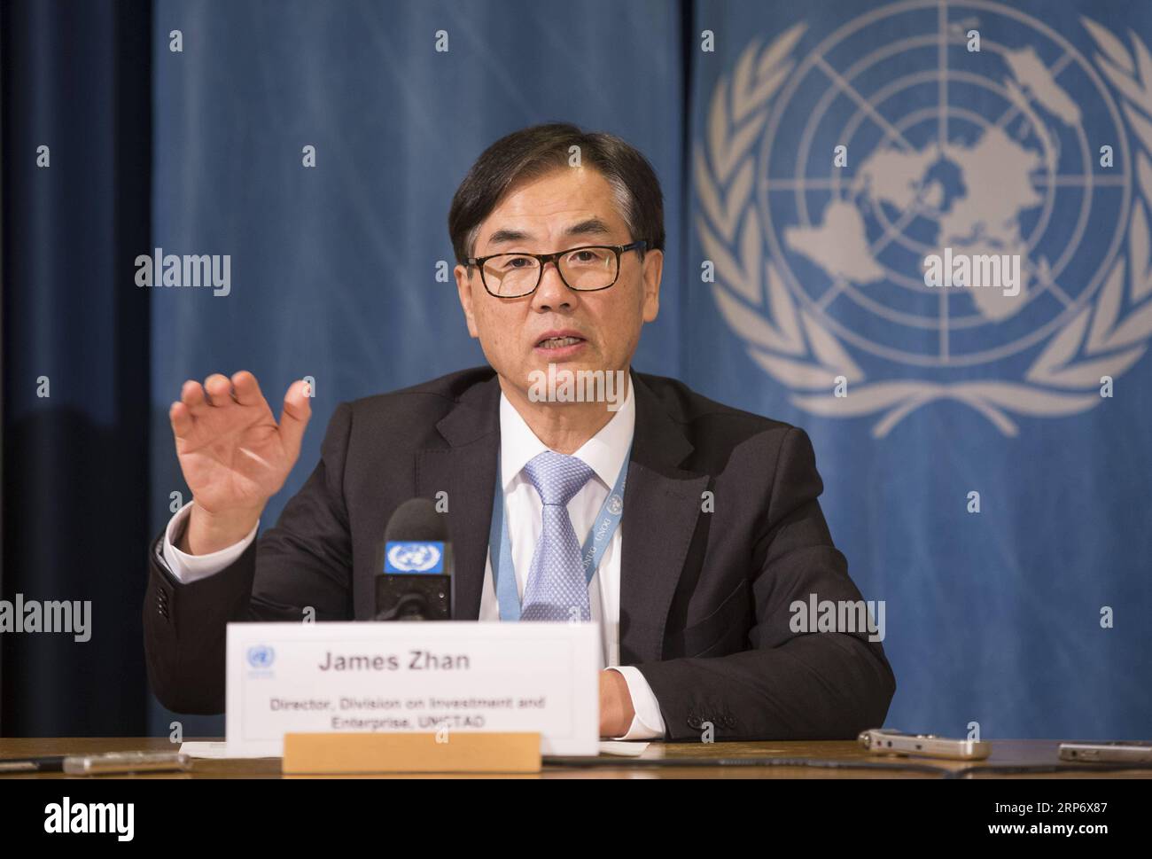 (190122) -- GENEVA, Jan. 22, 2019 -- James Zhan, director of Investment and Enterprise of the UN Conference on Trade and Development (UNCTAD) attends the release conference of 2019 Investment Trends Monitor in Geneva, Switzerland, Jan. 18, 2019. Global foreign direct investment (FDI) flows continue their slide in 2018, a United Nations agency said Monday while noting that China, however, bucked that trend and was the largest investment recipient in the world. Global FDI fell by 19 percent in 2018 to an estimated 1.2 trillion U.S. dollars from 1.47 trillion dollars in 2017, said UNCTAD. ) SWITZ Stock Photo