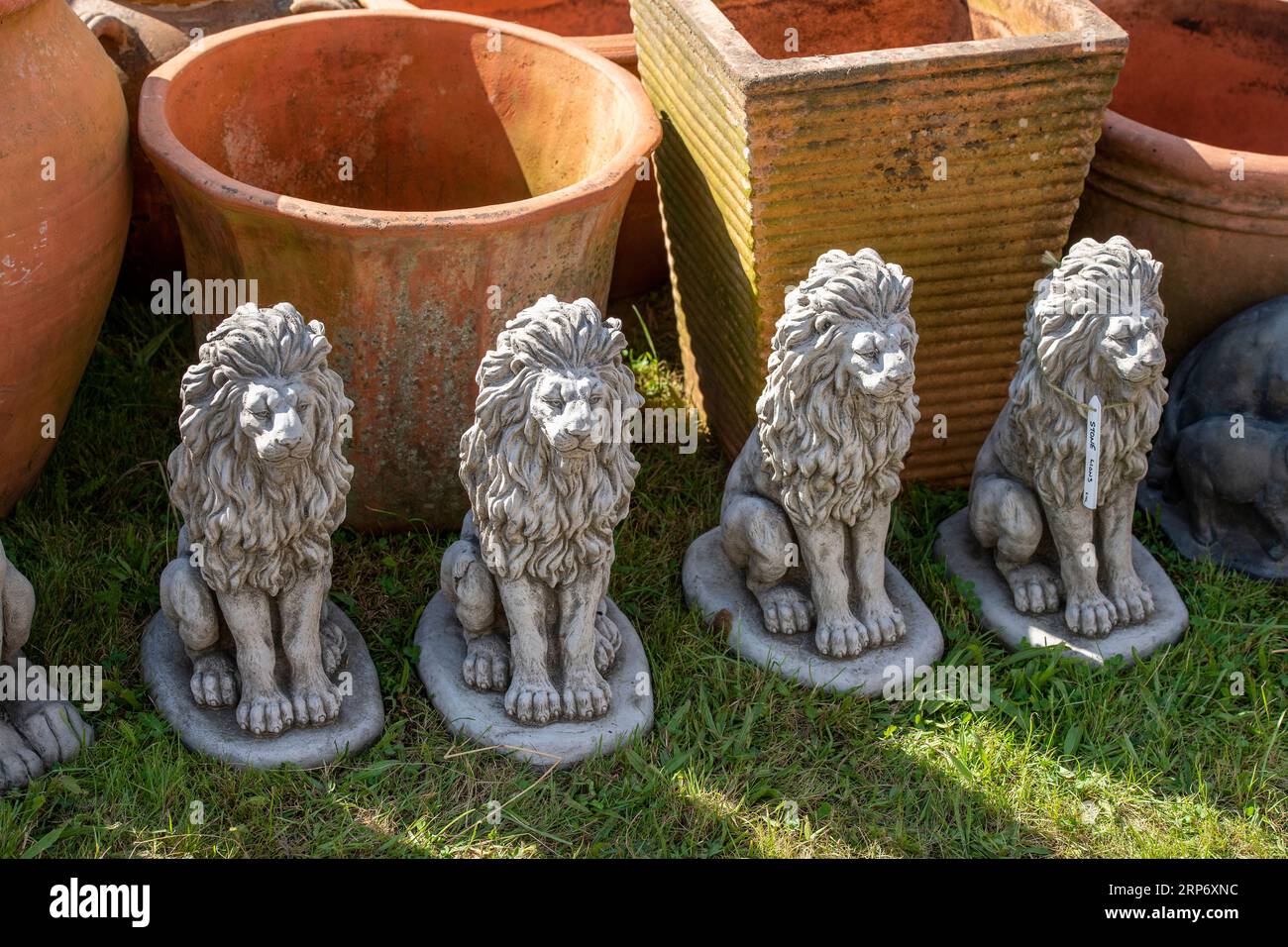 garden terracotta planters and stone lions on display at a garden fair or garden centre for use as decoration in the garden. sculptures and plant pots Stock Photo
