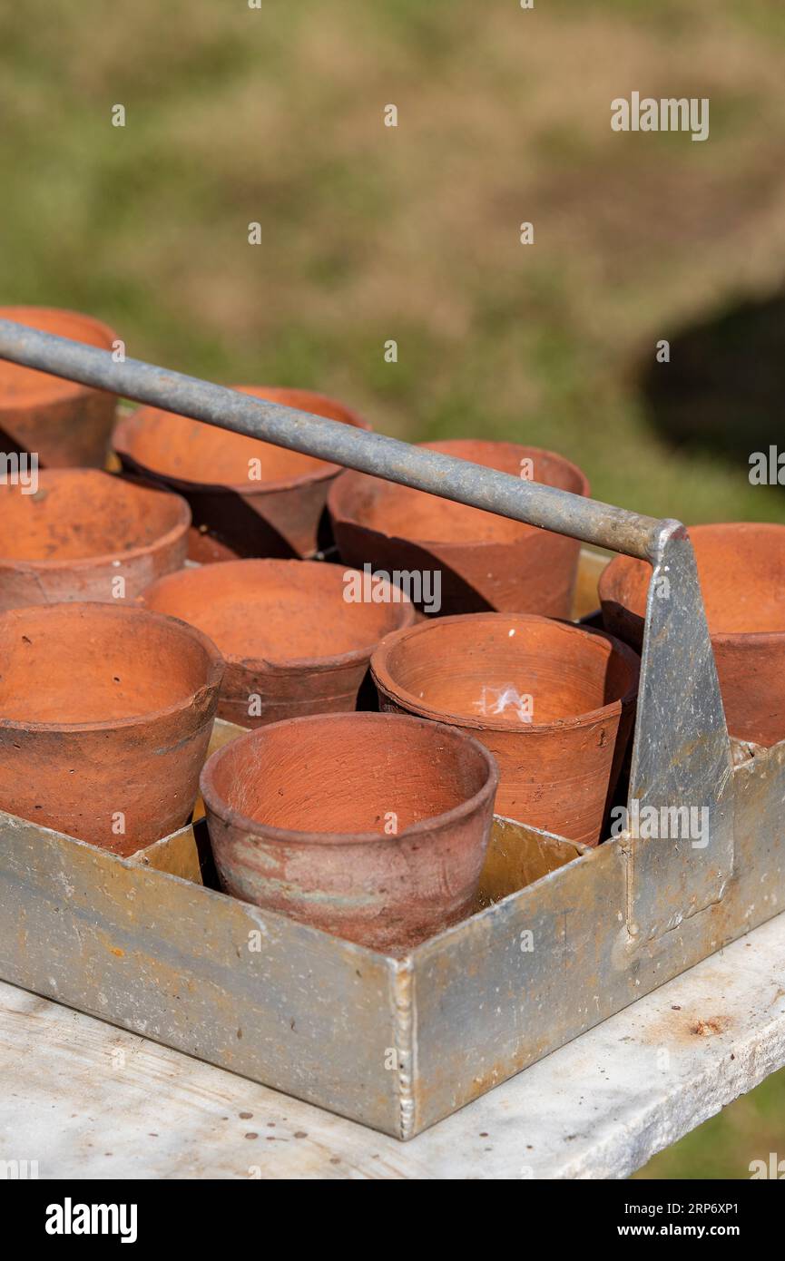 tray or trug full of small terracotta plant pots ready to be filled with soil or compost at a garden centre Stock Photo