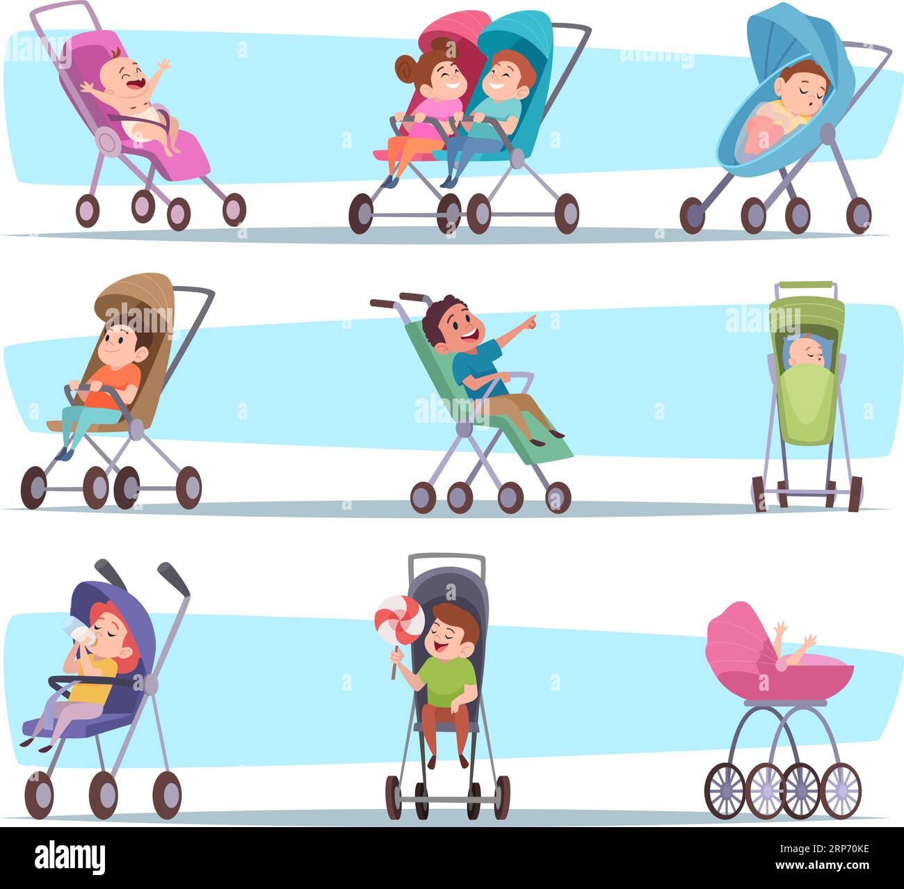 Kids in strollers. Happy kids walking in comfortable strollers exact