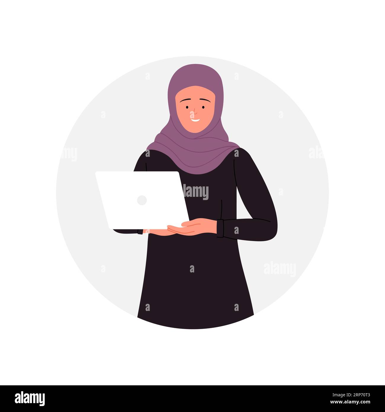 Muslim businesswoman with laptop. Arabic female office manager with