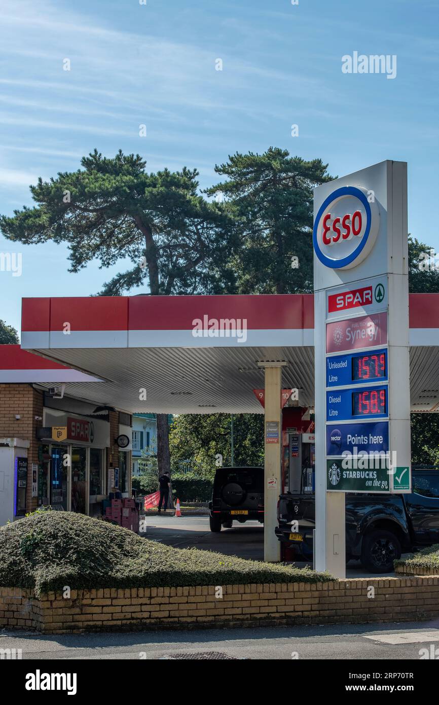 esso filling station or fuel garage with large esso petroleum petrochemical badge. Stock Photo