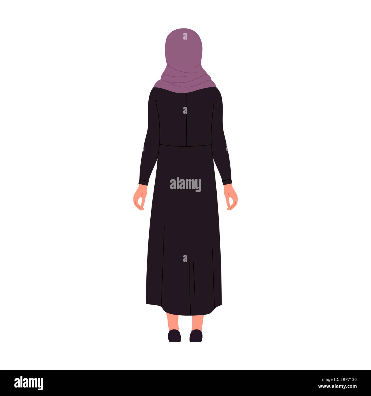 Back view of standing muslim businesswoman. Female arabic manager in standing pose cartoon vector illustration Stock Vector