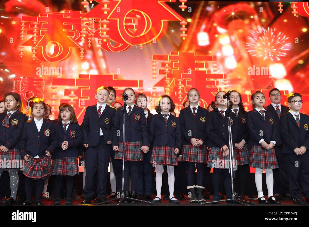 (190127) -- SOFIA, Jan. 27, 2019 (Xinhua) -- Bulgarian children sing in a gala show titled Let s Share the Chinese New Year Together in Sofia, Bulgaria, Jan. 26, 2019. Some 500 Bulgarians and Chinese attended the gala show to celebrate the upcoming Spring Festival. The event, jointly organized by the China Cultural Center, Confucius Institute in Sofia, and city government departments of Ningbo and Quanzhou, was also dedicated to the 70th anniversary of the establishment of diplomatic relations between the People s Republic of China and Bulgaria. (Xinhua/Zhan Xiaoyi) BULGARIA-SOFIA-GALA SHOW-CH Stock Photo