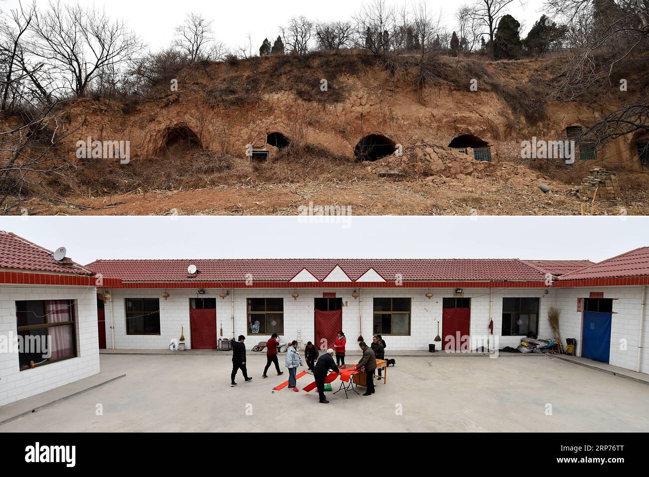 (190129) -- WENXI COUNTY, Jan. 29, 2019 (Xinhua) -- This combination photo shows abandoned cave dwellings in Shibaping Village near Zhangcailing Village (top, photo taken on Jan. 27, 2019) and the Home of Happiness poverty-alleviation settlement in Zhangcailing Village of Yangyu Township, Wenxi County, north China s Shanxi Province (bottom, photo taken on Jan. 27, 2019). For generations, residents of Zhangcailing Village barely scraped a living as a result of geographical isolation, poor infrastructure and lack of supporting industries. To help pull villagers out of poverty, the government inc Stock Photo