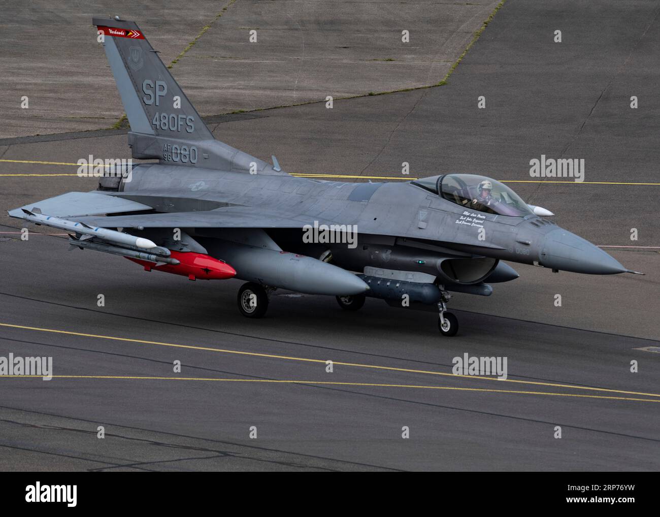 Mildenhall, United Kingdom. 29 August, 2023. A U.S. Air Force F-16CJ Fighting Falcon fighter aircraft assigned to the 52nd Fighter Wing, arrives at Royal Air Force Mildenhall to participate in Cobra Warrior 23-2 exercise, August 29, 2023 in Mildenhall, Suffolk, England.  Credit: A1C Alvaro Villagomez/Planetpix/Alamy Live News Stock Photo