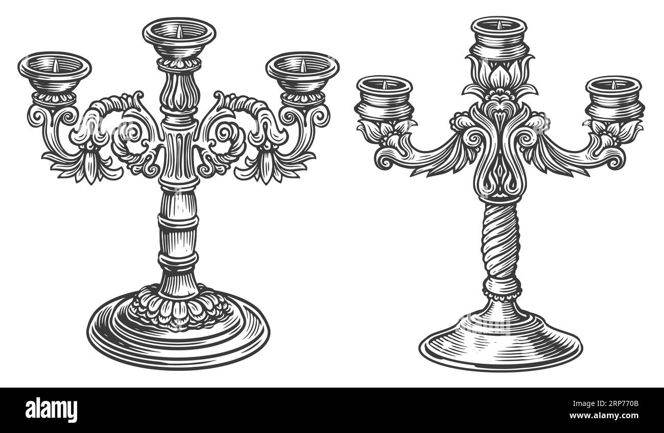 Twisted vintage candlestick for three candles. Sketch illustration of candelabra in engraving