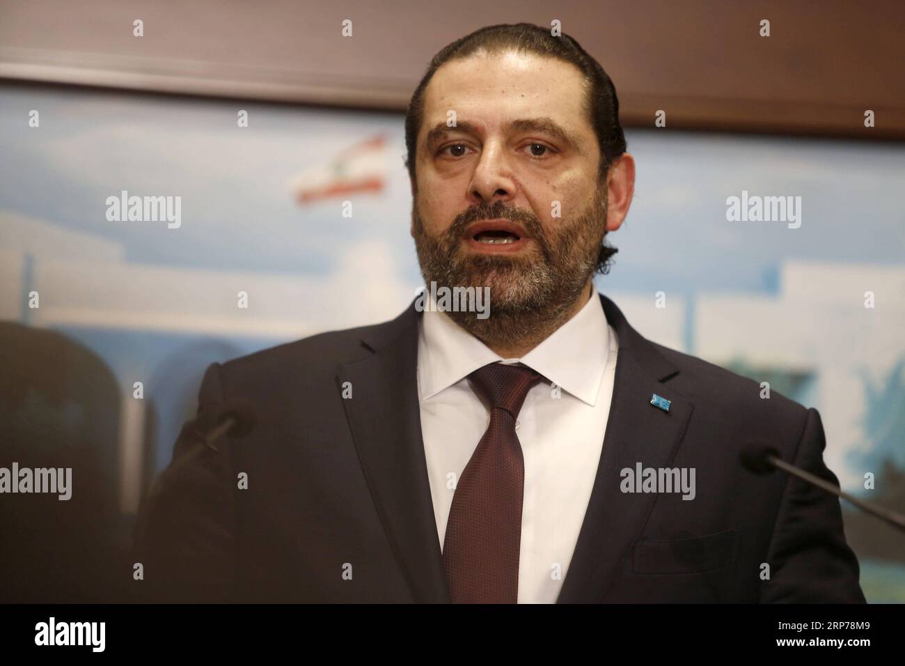 (190131) -- BEIRUT, Jan. 31, 2019 -- Lebanese Prime Minister Saad Hariri speaks at a press conference in Beirut, Lebanon, Jan. 31, 2019. Lebanon announced Thursday the formation of a new government, which is headed by Prime Minister Saad Hariri, breaking a nine-month political deadlock in the country, local TV Channel LBCI reported. ) LEBANON-BEIRUT-PM-NEW GOVERNMENT BilalxJawich PUBLICATIONxNOTxINxCHN Stock Photo