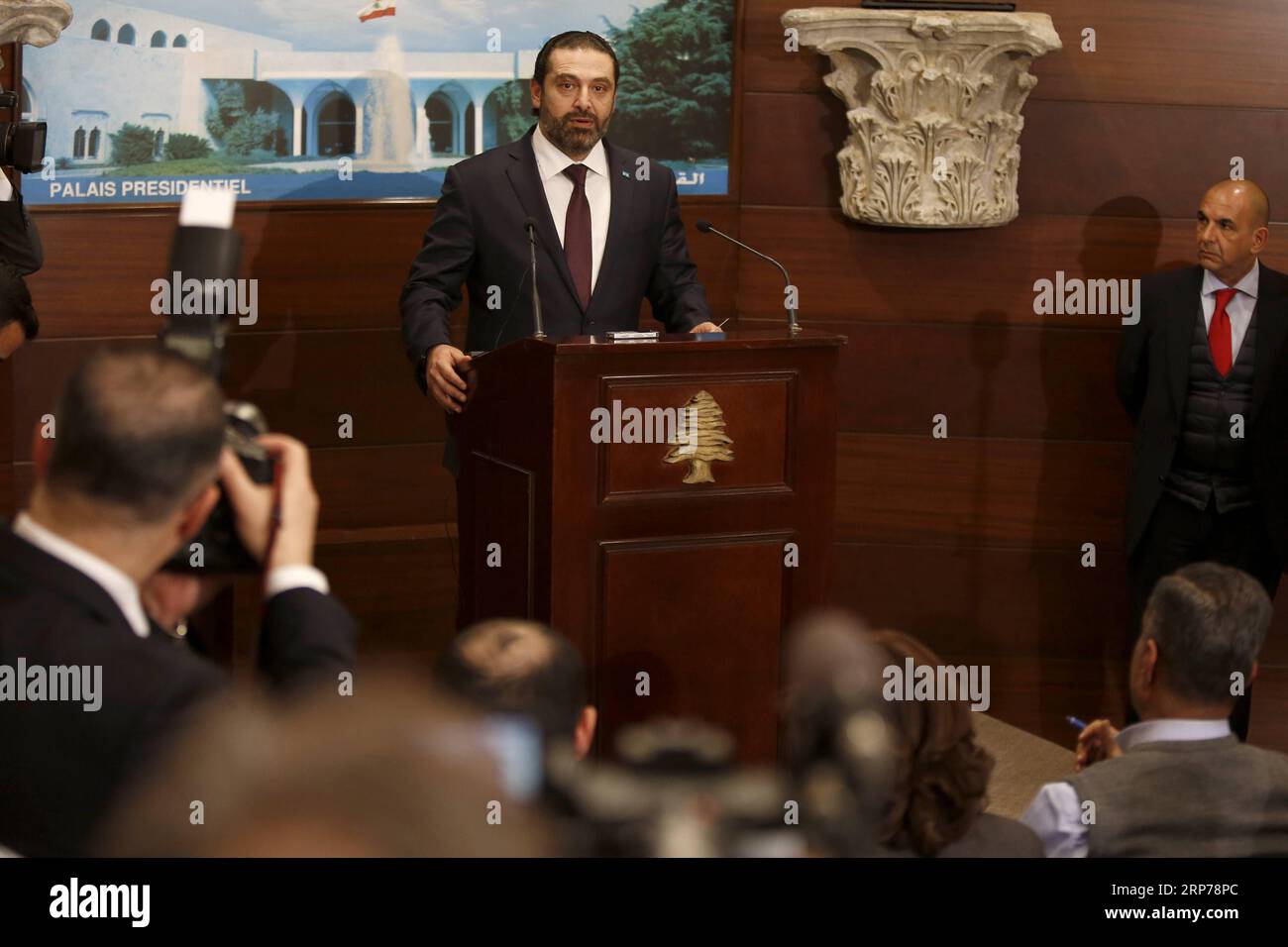 190131 -- BEIRUT, Jan. 31, 2019 -- Lebanese Prime Minister Saad Hariri C speaks at a press conference in Beirut, Lebanon, Jan. 31, 2019. Lebanon announced Thursday the formation of a new government, which is headed by Prime Minister Saad Hariri, breaking a nine-month political deadlock in the country, local TV Channel LBCI reported.  LEBANON-BEIRUT-PM-NEW GOVERNMENT BilalxJawich PUBLICATIONxNOTxINxCHN Stock Photo