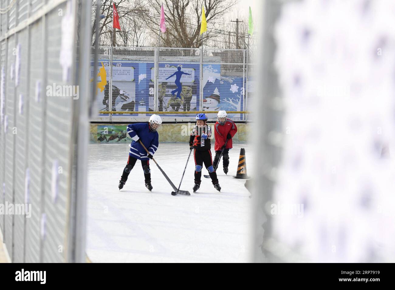 (190201) -- BEIJING, Feb. 1, 2019 (Xinhua) -- Photo taken on Jan. 9, 2019 shows students practicing ice hockey during a training session at Taipingzhuang Central Primary School, in Yanqing District of Beijing, capital of China. Taipingzhuang Central Primary School situated right at the foot of Xiaohaituo Mountains, where the venues for Beijing 2022 Winter Olympic games are under construction. Teachers of Taipingzhuang Central Primary School have turned an experimental farmland into a seasonal skating rink for the pupils here to learn skating since 2016. The school hired a experienced coach, Li Stock Photo