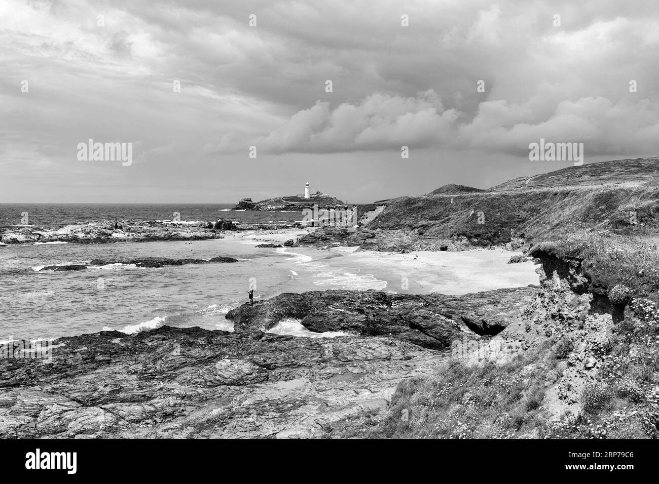 South West Coast Path, coastline with Godrevy Island and lighthouse, landscape conservation area