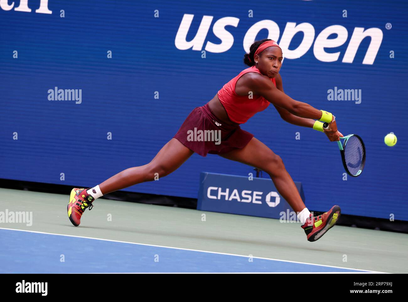 New York, United States. 03rd Sep, 2023. Number 6 seed Coco Gauff of the United States chases down a shot to Caroline Wozniakci of Denmark during their fourth round match at the US Open. Photography by Credit: Adam Stoltman/Alamy Live News Stock Photo