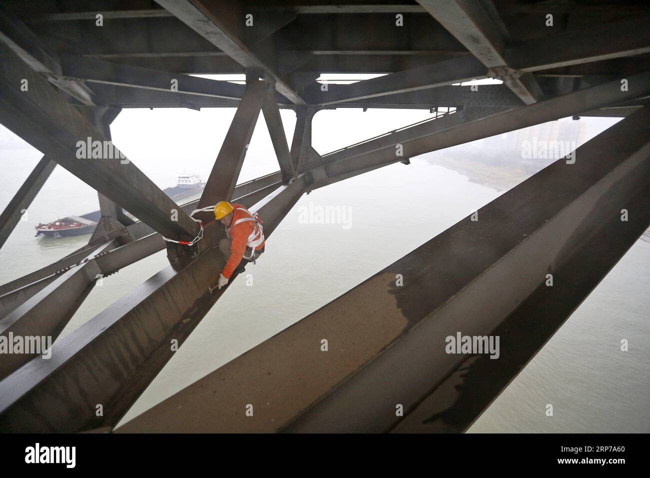 (190202) -- BEIJING, Feb. 2, 2019 (Xinhua) -- A bridge worker checks the Jiujiang Yangtze River Bridge, a double-decked road-rail truss bridge and an important section of Beijing-Kowloon (Jingjiu) Railway in Jiujiang, east China s Jiangxi Province, Jan. 31, 2019. Safety inspections have been strengthened to secure transportation during the 2019 Spring Festival travel rush. (Xinhua/Ding Bo) XINHUA PHOTOS OF THE DAY PUBLICATIONxNOTxINxCHN Stock Photo