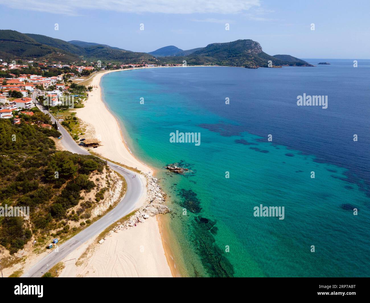 Aerial view, beach, Toroni, Torone, Sithonia, Chalkidiki, Central Macedonia, Greece Stock Photo