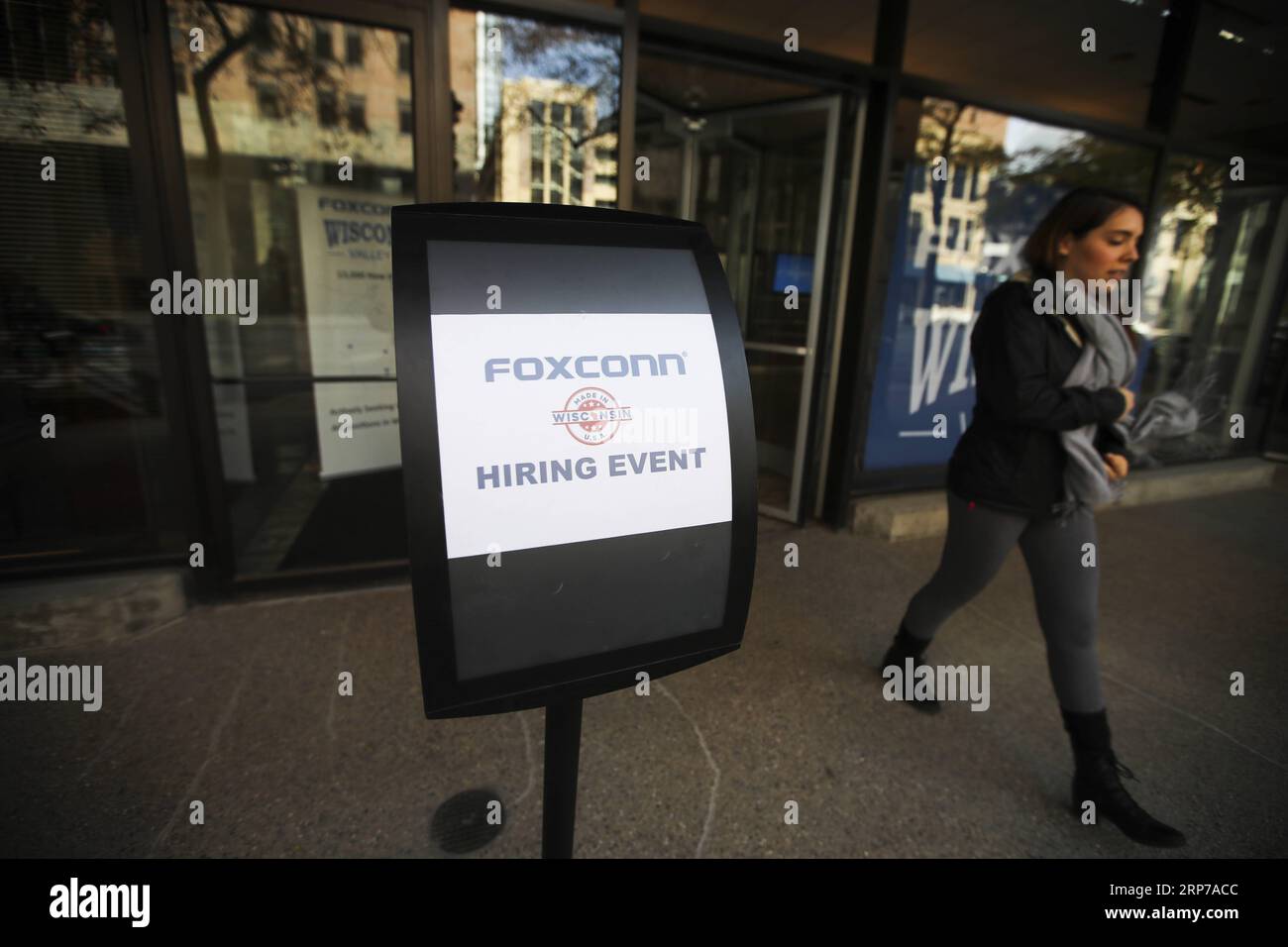 (190202) -- NEW YORK, Feb. 2, 2019 -- A hire event is held at an office building of Foxconn in Milwaukee, Wisconsin, the United States, Nov. 2, 2018. Residents opposition, labor shortage, and technology transfer difficulties are the three main reasons why manufacturing companies like Foxconn could not move back to the United States easily, industry insiders and analysts have said. Being built on a vast 2,800 acres of land in the U.S. State of Wisconsin, the Foxconn plant project is dubbed by U.S. President Donald Trump as the eighth wonder of the world for the scale of investment, the number o Stock Photo