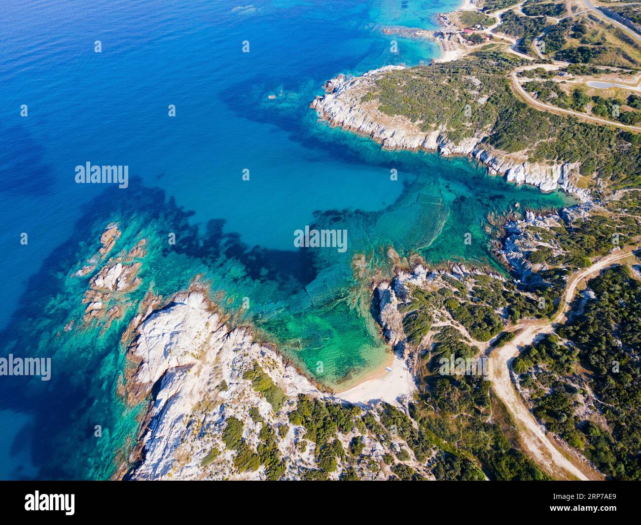 Aerial view, Prassou beach, Kriaritsi, Sithonia, Chalkidiki, Central Macedonia, Greece Stock Photo