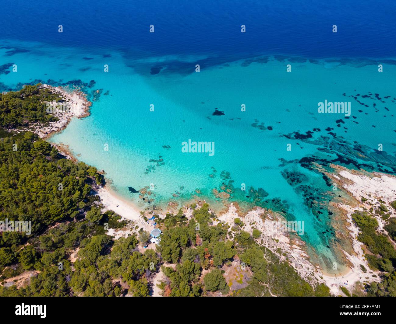 Aerial view, blau, klares Wasser, Mega Portokali beach, Sarti, Sithonia, Chalkidiki, Central Macedonia, Greece Stock Photo