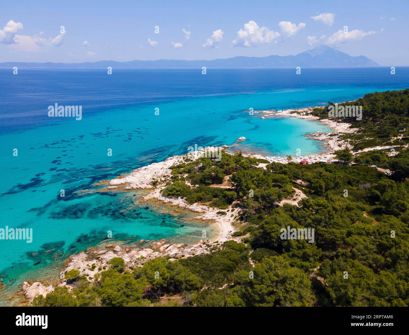 Aerial view, blue, clear water, bay at Mega Portokali beach, Kavourotrypes beach and Orange Beach, Sarti, Sithonia, Chalkidiki, Central Macedonia Stock Photo