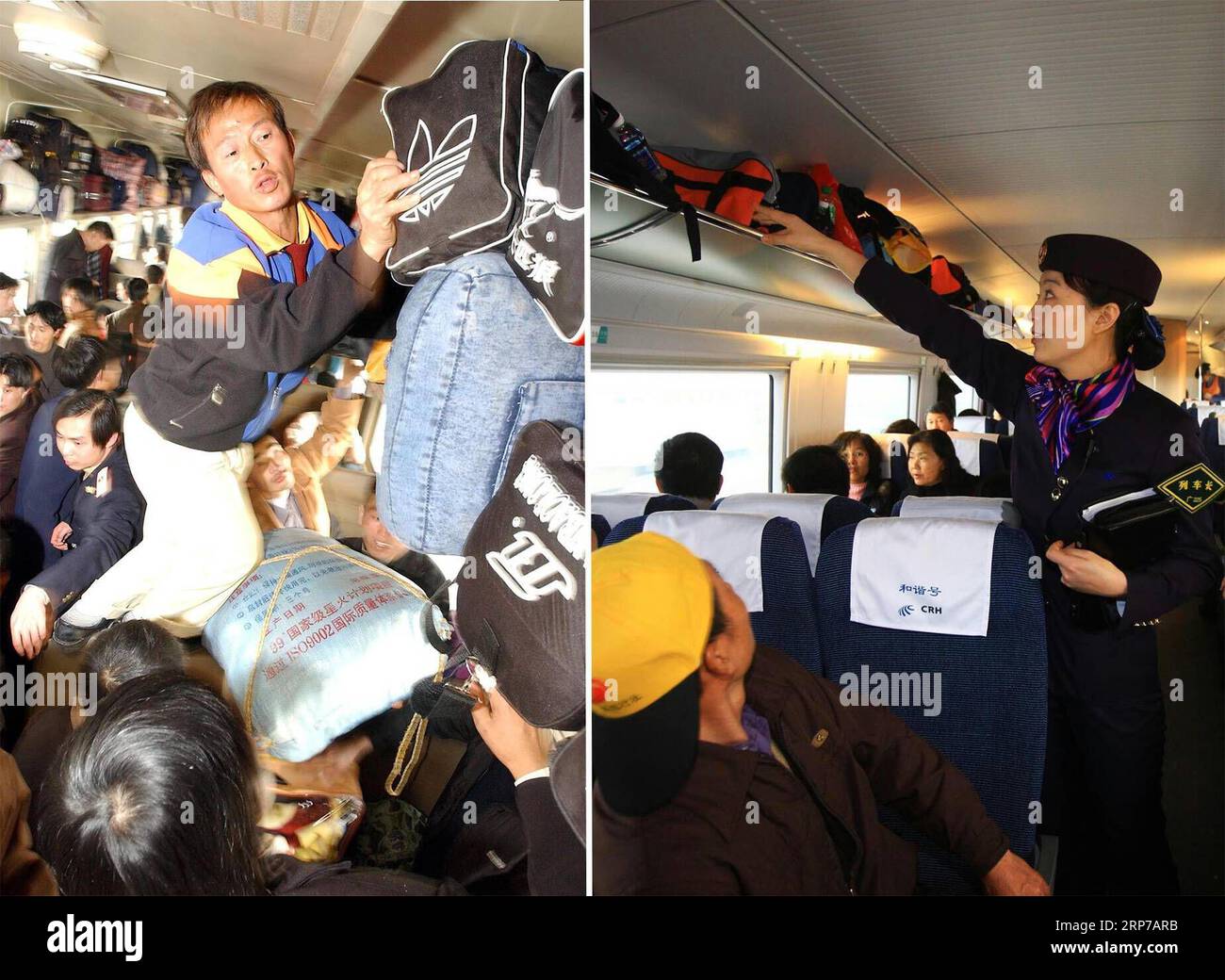 (190202) -- BEIJING, Feb. 2, 2019 () -- This combo photo shows passengers arranging their luggage in carriage 11 of the train L28 which travels from Fuzhou in southeast China s Fujian Province to southwest China s Chongqing Municipality, Jan. 23, 2003 (left, photo taken by Jiang Kehong); and train conductor Jiang Fei checking the luggage rack aboard a bullet train on the Wuhan-Guangzhou high-speed railway, Jan. 30, 2010 (right, photo taken by Li Mingfang). China is experiencing its annual special 40 days or Spring Festival travel rush, which is dubbed as the largest migration on the planet, wi Stock Photo