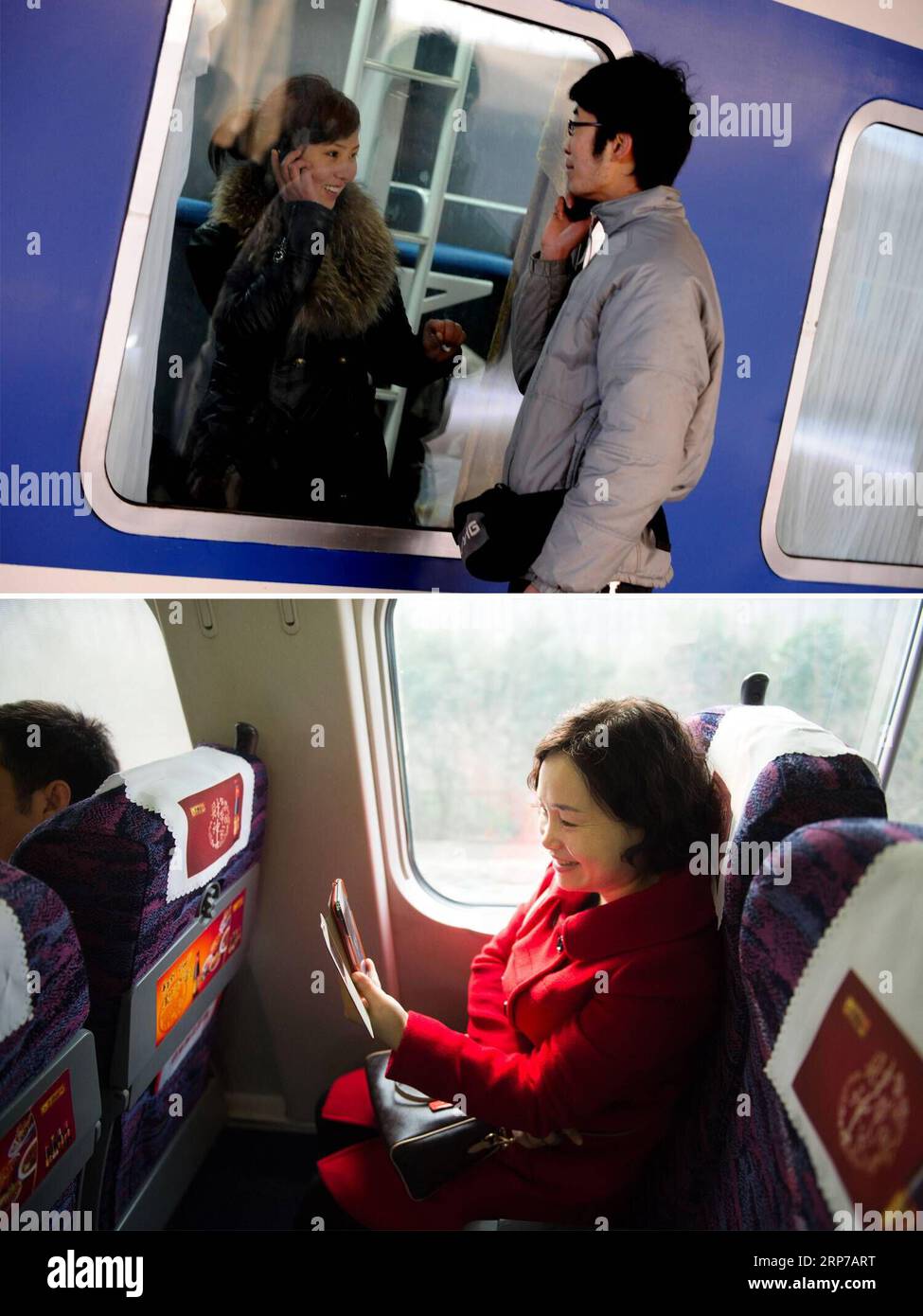 (190202) -- BEIJING, Feb. 2, 2019 () -- This combo photo shows a couple making a farewell phone call across a train window at the Zhengzhou Railway Station in Zhengzhou, central China s Henan Province, Jan. 23, 2009 (top, photo taken by Zhu Xiang); and a passenger having a video chat with a friend using 4G network aboard a bullet train which travels from Hefei, east China s Anhui Province to Jiangshan, east China s Zhejiang Province, Feb. 4, 2015 (bottom, photo taken by Du Yu). China is experiencing its annual special 40 days or Spring Festival travel rush, which is dubbed as the largest migra Stock Photo