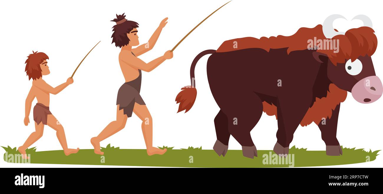 Stone age people cattle. Primitive lifestyle, prehistoric children cartoon vector illustration Stock Vector