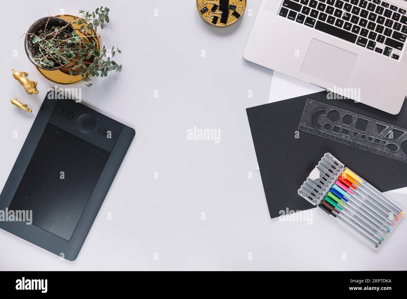 Digital graphic tablet laptop mock up with office objects white