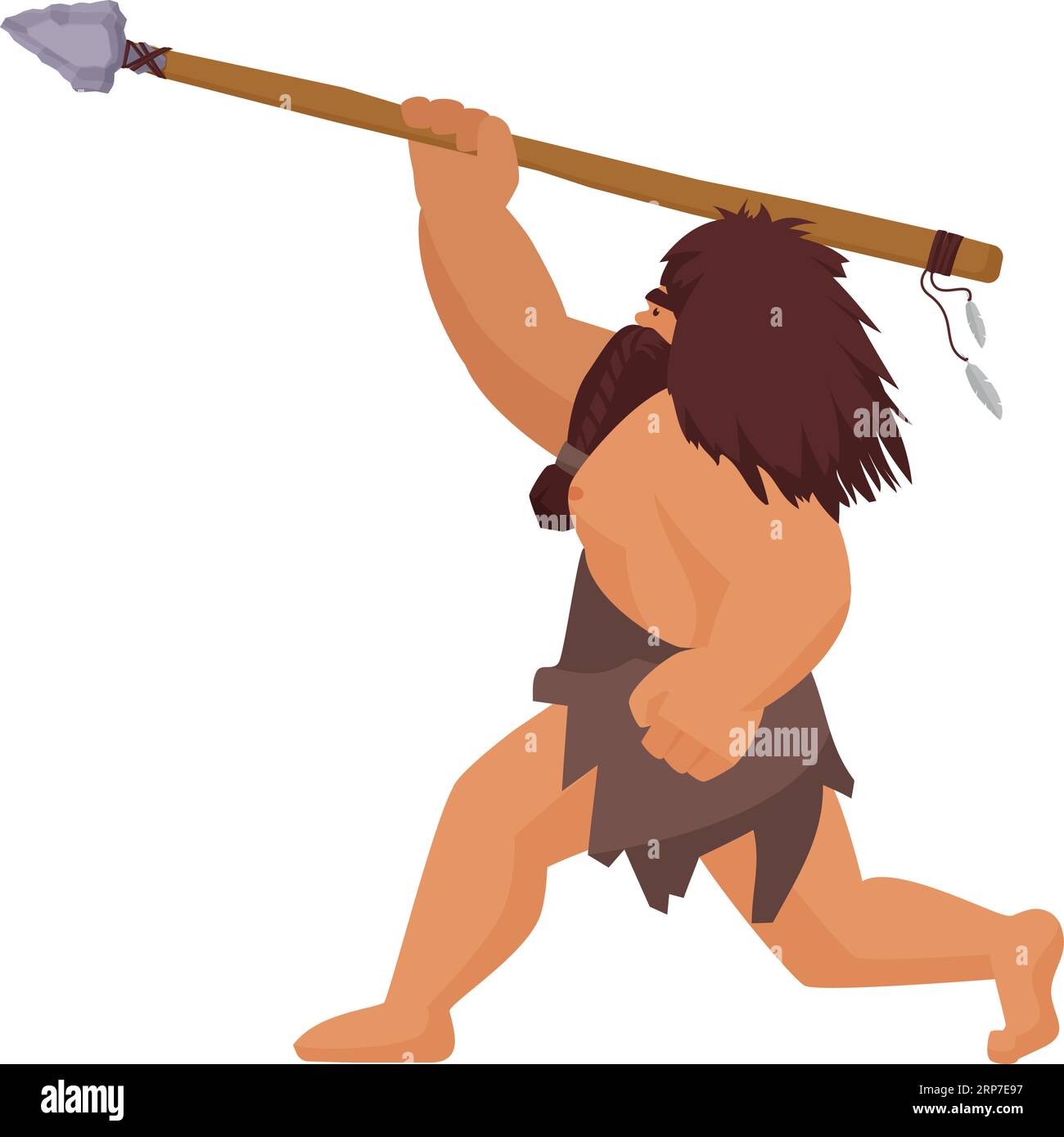 Strong caveman hunting with arrow. Primitive hunter with weapon cartoon vector illustration Stock Vector