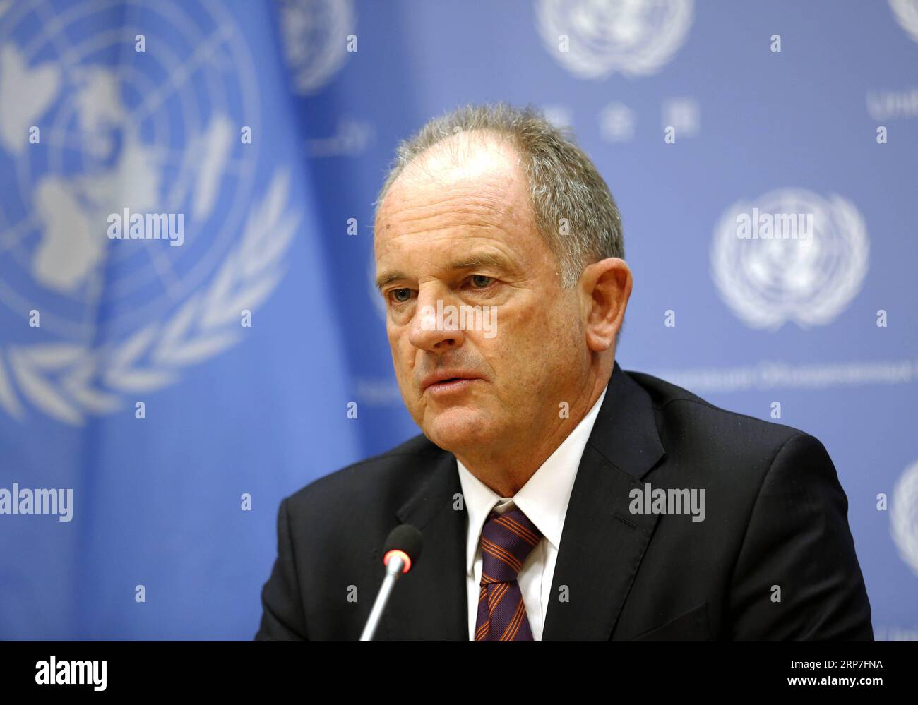 (190206) -- UNITED NATIONS, Feb. 6, 2019 -- David Shearer, special representative of the UN secretary general and head of the UN Mission in South Sudan, speaks to journalists during a press conference at the UN headquarters in New York, Feb. 5, 2019. Violence in South Sudan has diminished since a peace agreement was reached between the government and the opposition in September last year, a UN envoy said on Tuesday. ) UN-ENVOY-DAVID SHEARER-SOUTH SUDAN-PRESS CONFERENCE LixMuzi PUBLICATIONxNOTxINxCHN Stock Photo