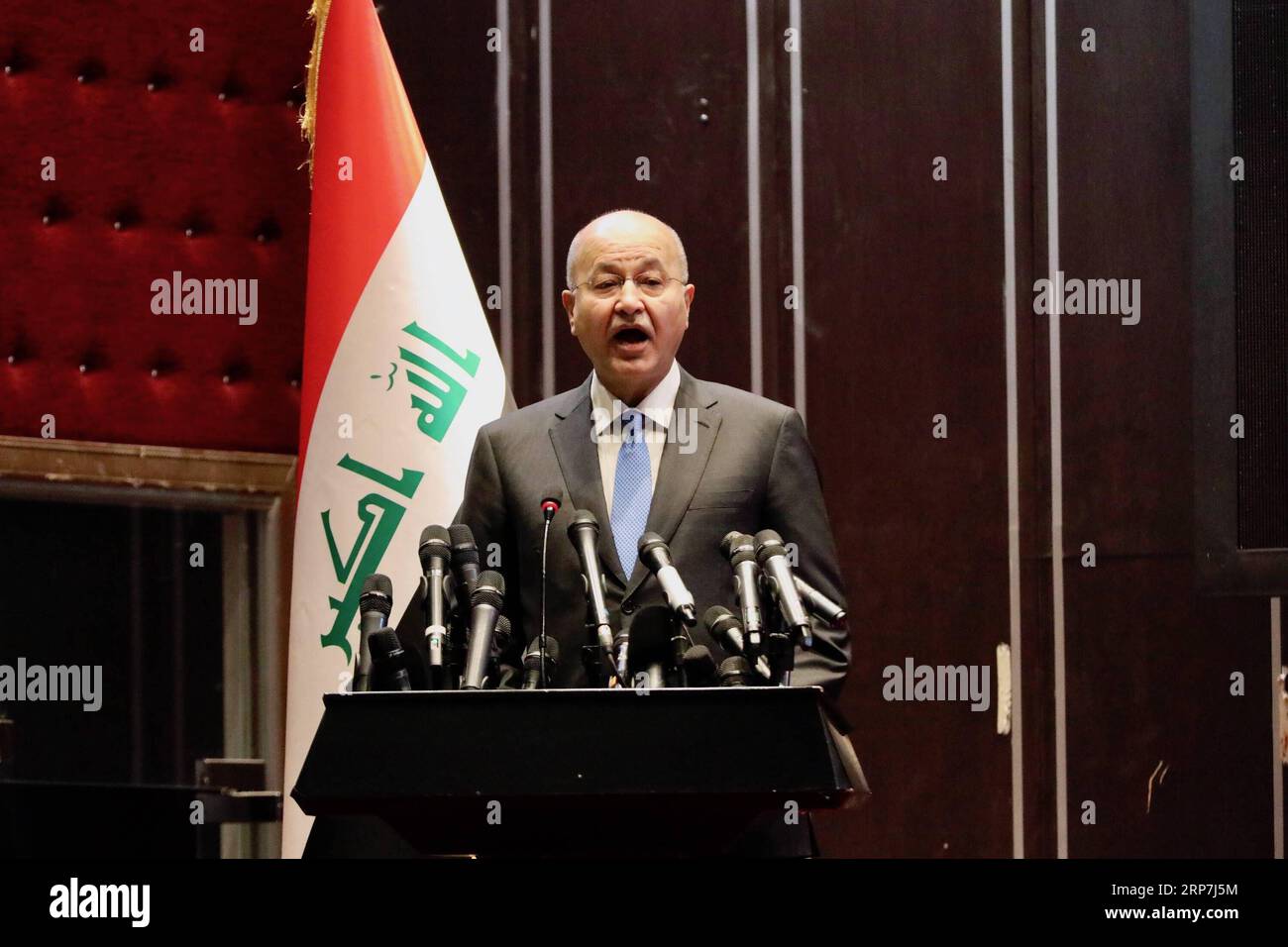 190207 -- BAGHDAD, Feb. 7, 2019 -- Iraqi President Barham Salih speaks at the opening ceremony of the Baghdad International Book Fair 2019, in Baghdad, Iraq, Feb. 7, 2019. The fair kicked off Thursday with the participation of hundreds of publishers and high attendance of readers, as it sheds more light on eradicating terror and extremism in the war-torn country.  IRAQ-BAGHDAD-INTERNATIONAL BOOK FAIR-OPENING KhalilxDawood PUBLICATIONxNOTxINxCHN Stock Photo