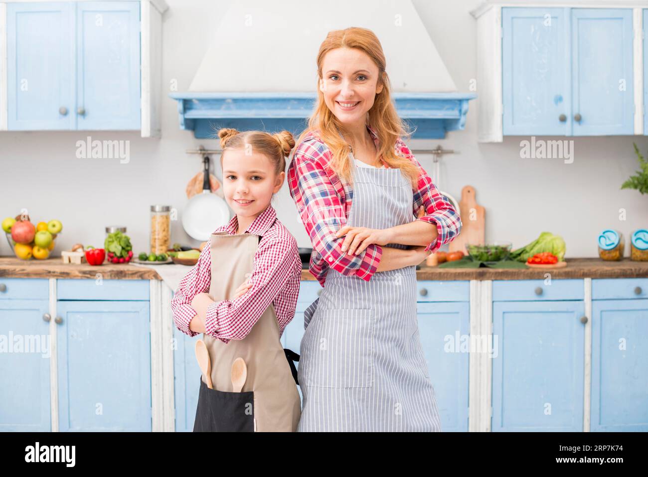 Smiling Portrait Mother Her Daughter Standing Back Back With Their Arms