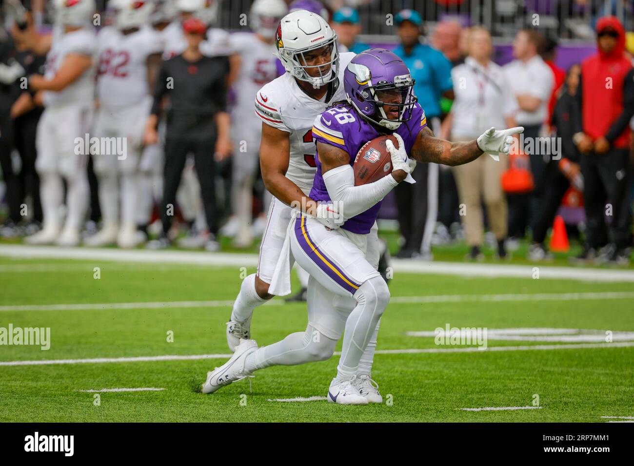 Minnesota Vikings wide receiver Jacob Copeland (28) warms up before an NFL  preseason football game against the Tennessee Titans, Saturday, Aug. 19,  2023 in Minneapolis. Tennessee won 24-16. (AP Photo/Stacy Bengs Stock Photo  - Alamy