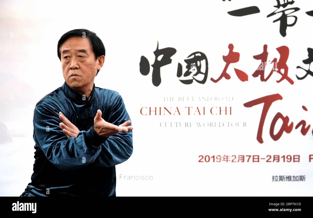 (190209) -- SAN FRANCISCO, Feb. 9, 2019 (Xinhua) -- Chinese Tai Chi master Chen Zhenglei demonstrates Tai Chi in Fremont, California, the United States, Feb. 8, 2019. A team of Chinese Tai Chi masters Friday started their tour to the United States to promote Chinese Tai Chi culture to overseas Chinese and American Kung Fu fans. San Francisco is the first stop of the team s 12-day Tai Chi Culture World Tour. The trip will also take them to two other U.S. cities of Las Vegas and Los Angeles. (Xinhua/Wu Xiaoling) U.S.-SAN FRANCISCO-TAI CHI CULTURE-WORLD TOUR PUBLICATIONxNOTxINxCHN Stock Photo