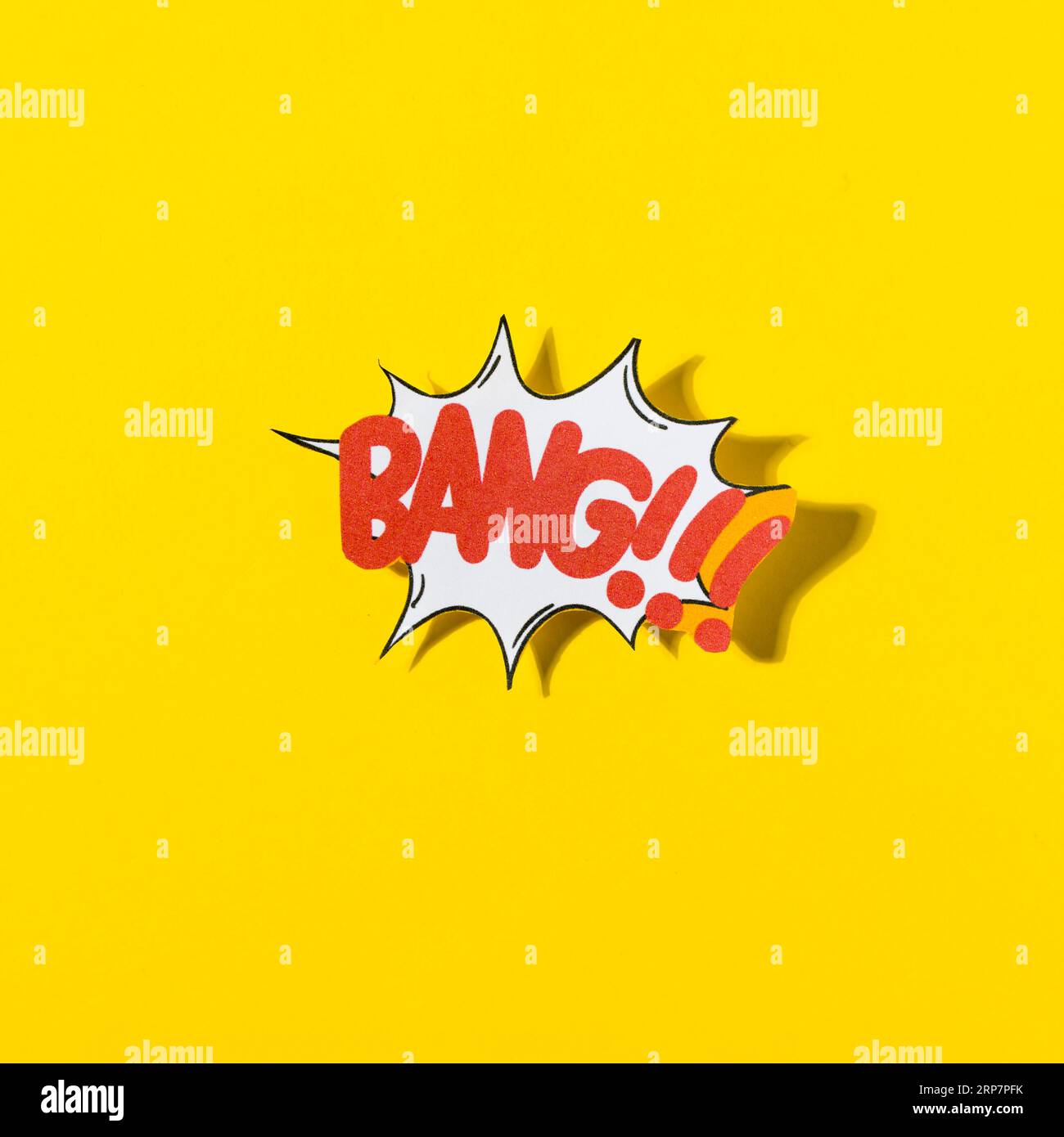 Stylish retro comic speech bubble with text bang yellow background Stock Photo