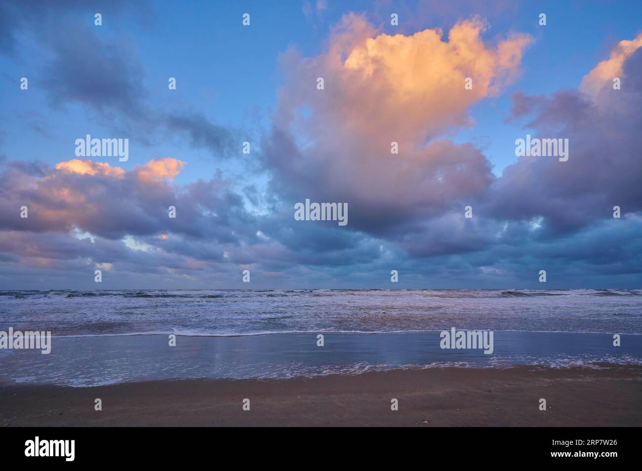 Beach, Sea, Clouds, Dawn, Sunrise, Zandvoort, North Sea, North Holland, Netherlands Stock Photo