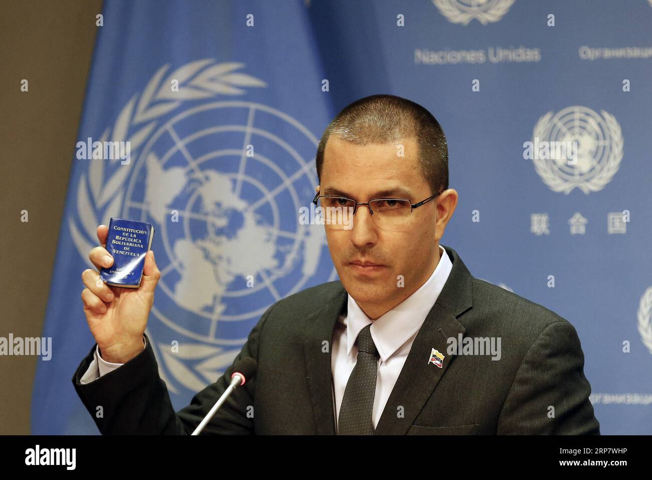 (190212) -- UNITED NATIONS, Feb. 12, 2019 -- Venezuelan Foreign Minister Jorge Arreaza speaks to journalists during a press conference at the UN headquarters in New York, on Feb. 12, 2019. Venezuelan Foreign Minister Jorge Arreaza said on Tuesday that the government led by President Nicolas Maduro is ready to sit down with the opposition without preconditions and seek a solution to the political crisis. ) UN-VENEZUELA-FM-PRESS CONFERENCE LixMuzi PUBLICATIONxNOTxINxCHN Stock Photo