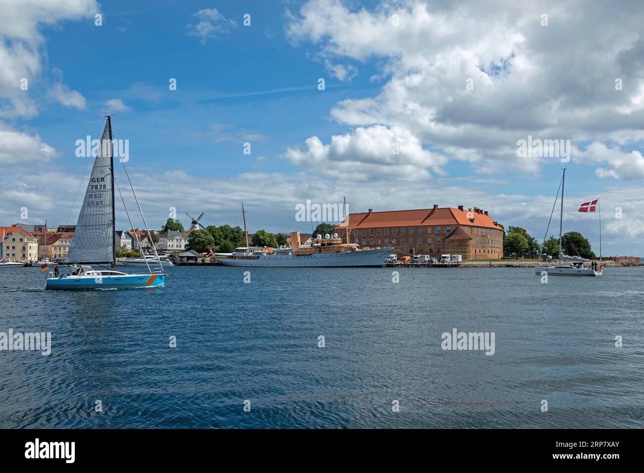 Sailboat, castle and royal yacht, Sonderborg, Syddanmark, Denmark Stock Photo