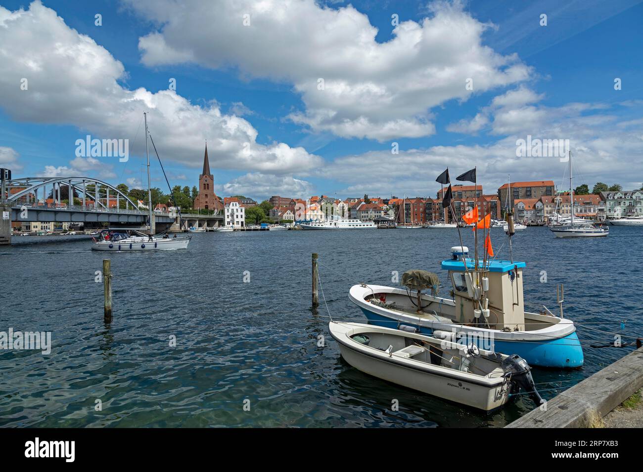 Boats, King Christian X. Bridge, Sonderborg, Syddanmark, Denmark Stock Photo
