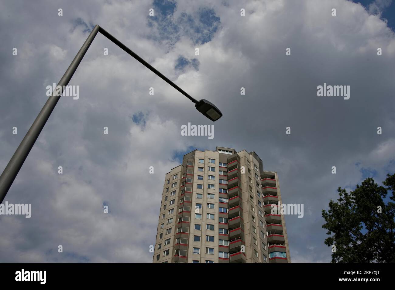 Street lamp and high-rise building in the large housing estate Gropiusstadt, Neukoelln district, Berlin, Germany Stock Photo