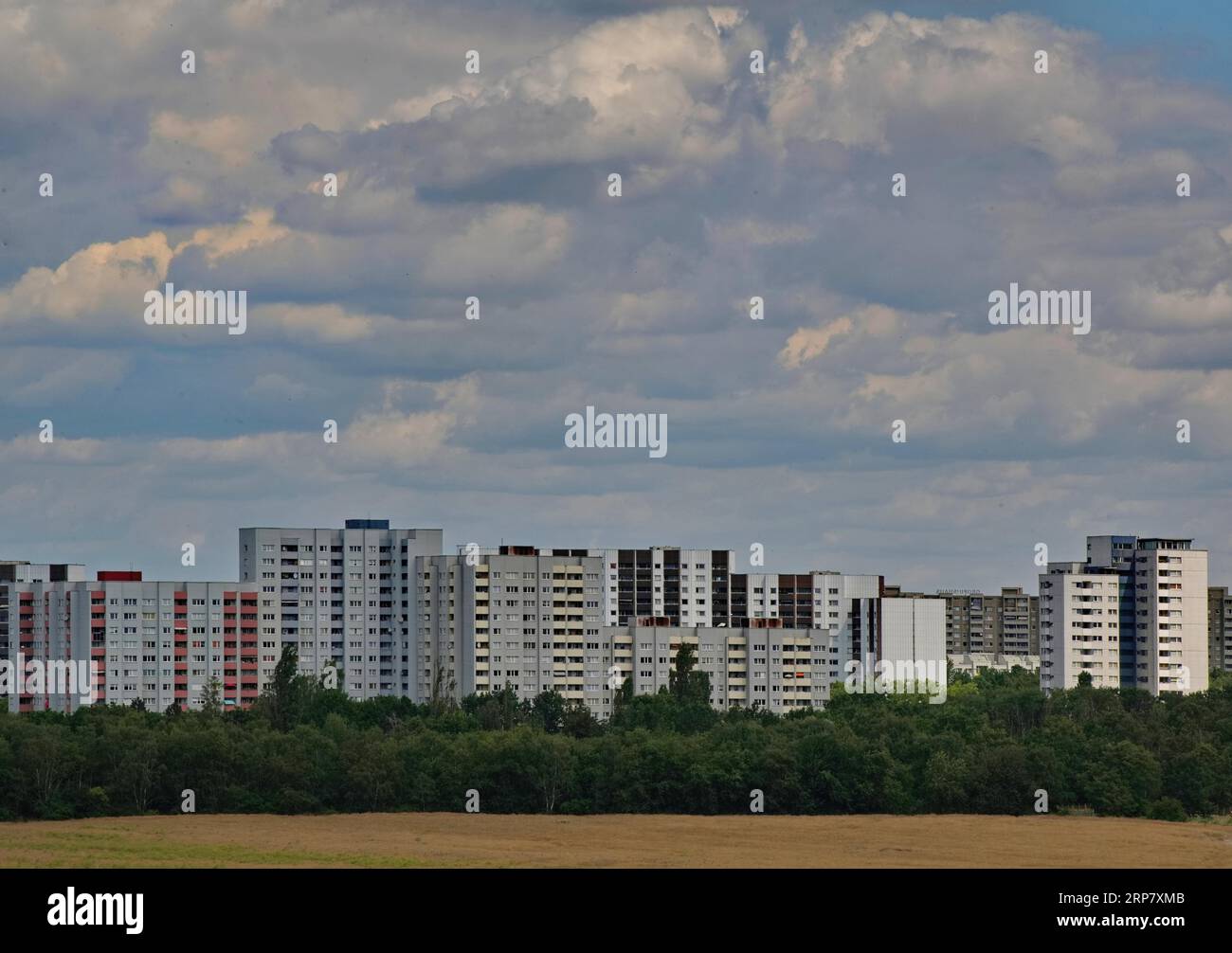 View from the south of residential buildings in the Gropiusstadt housing estate, Neukoelln district, Berlin, Germany Stock Photo