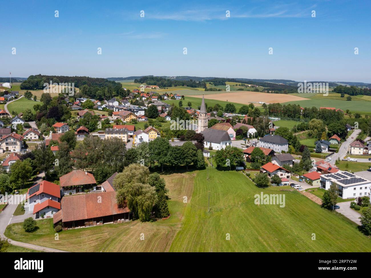 Drone image, agricultural landscape around the village of Mehrnbach, Innviertel, Upper Austria, Austria Stock Photo